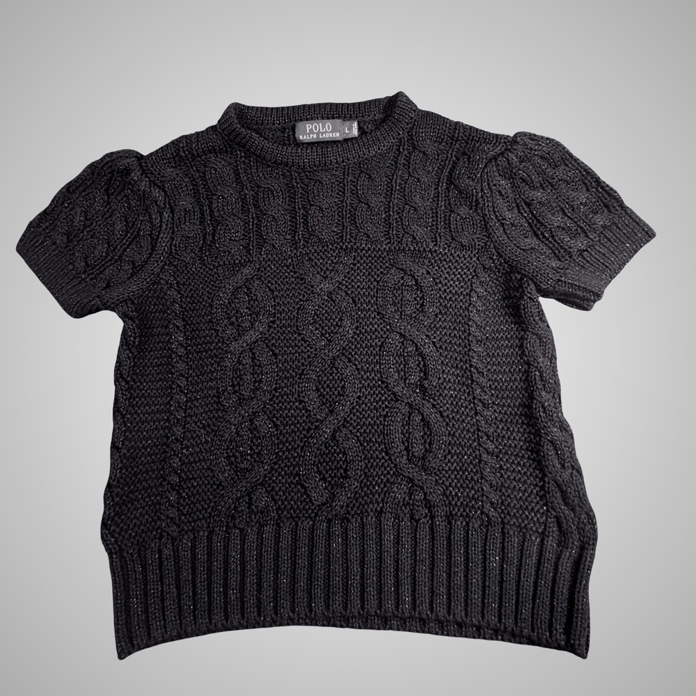 Polo Ralph Lauren Black Metallic Cable Knit Puff Sleeve Sweater Top Womens L